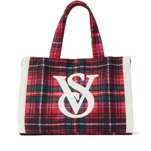 NWT VS Sherpa Trimmed Plaid Tote